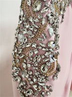 Platlogy Pink Shoulder Rhinestone Embellished Long Sleeve Midi Formal Dress Elegant Party Cocktail Sheath Dress