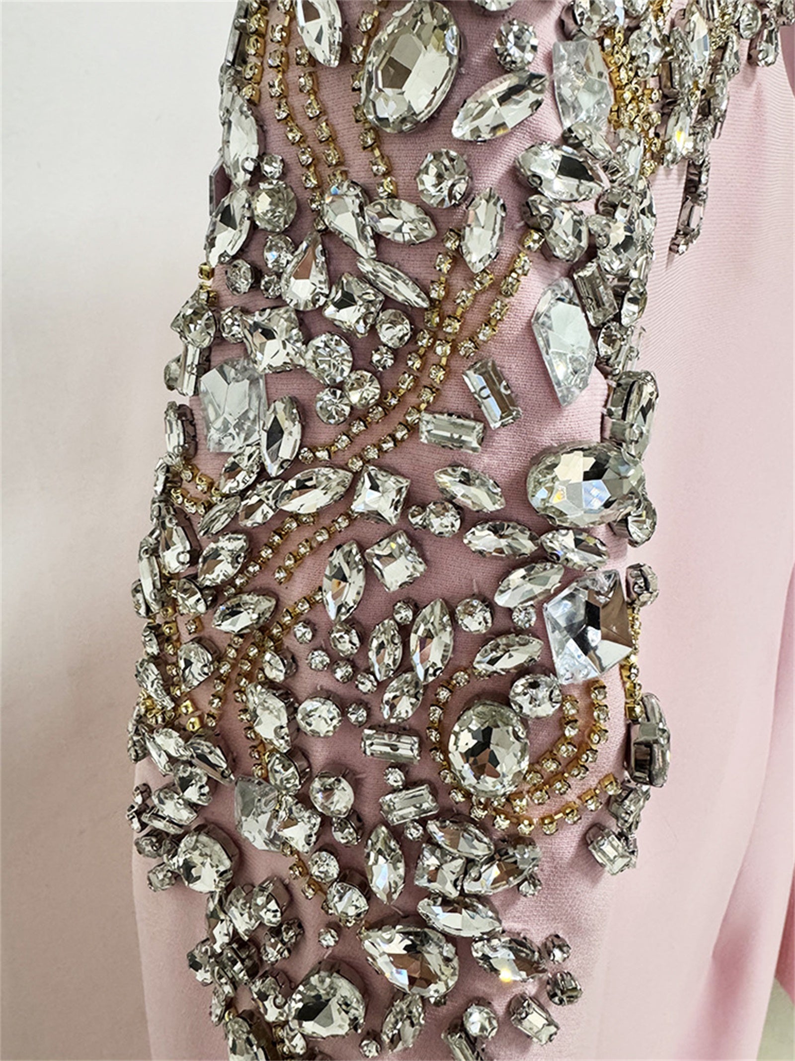 Platlogy Pink Shoulder Rhinestone Embellished Long Sleeve Midi Formal Dress Elegant Party Cocktail Sheath Dress