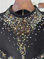 Platlogy Black Heavy Rhinestone Two Piece Evening Set Long Sleeve Cropped Top Asymmetrical Mermaid Skirt Formal Party Outfit