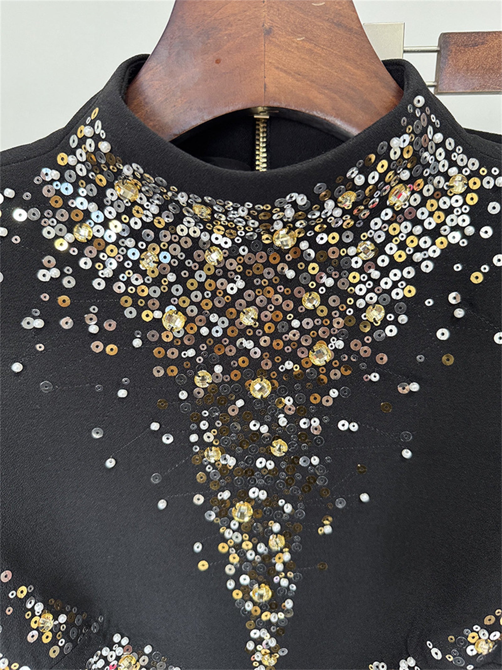 Platlogy Black Heavy Rhinestone Two Piece Evening Set Long Sleeve Cropped Top Asymmetrical Mermaid Skirt Formal Party Outfit