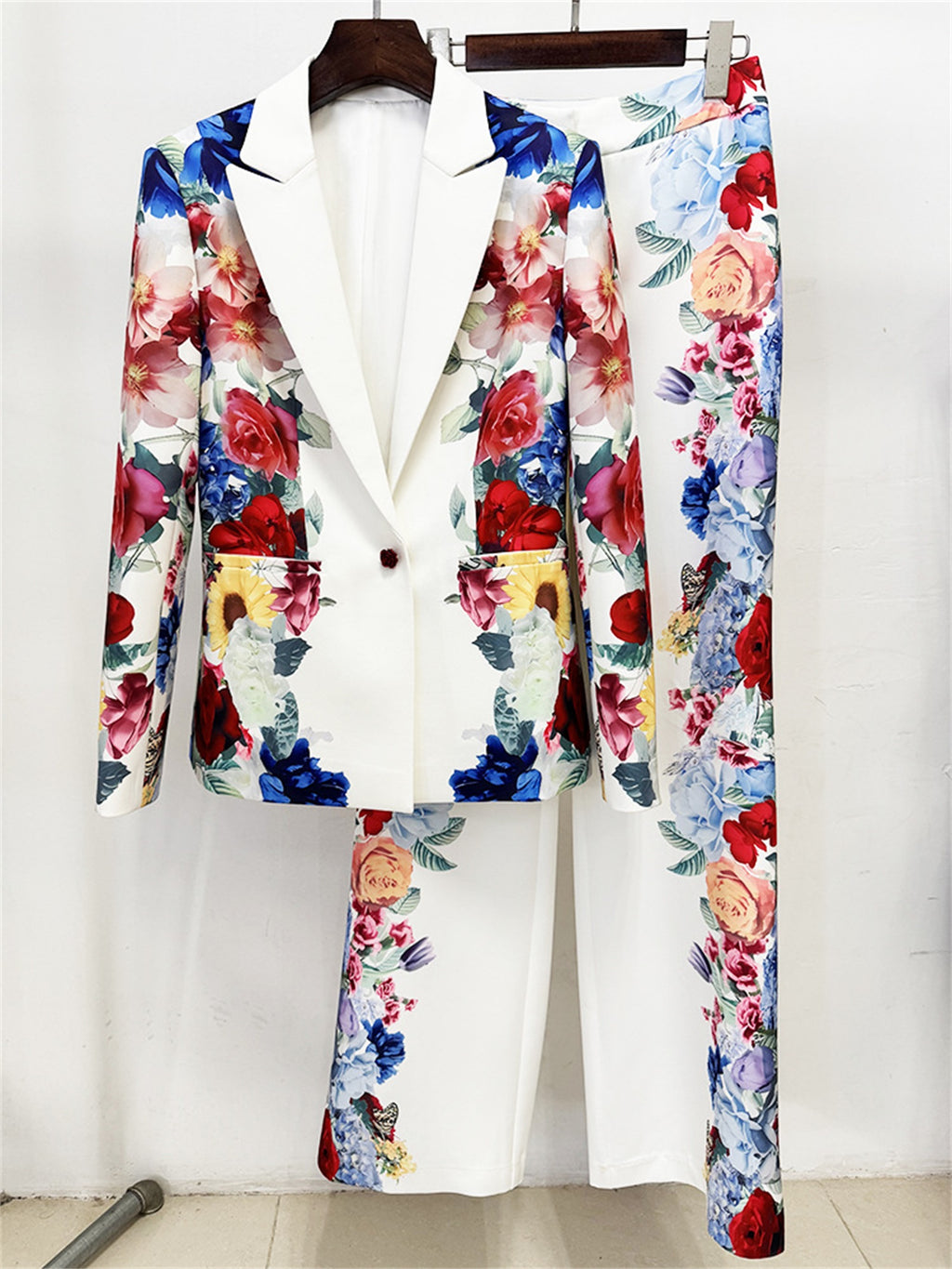 Platlogy Floral Print White Blazer and Straight Pants Two Piece Women Formal Suit Set For Party Business Daily Wear