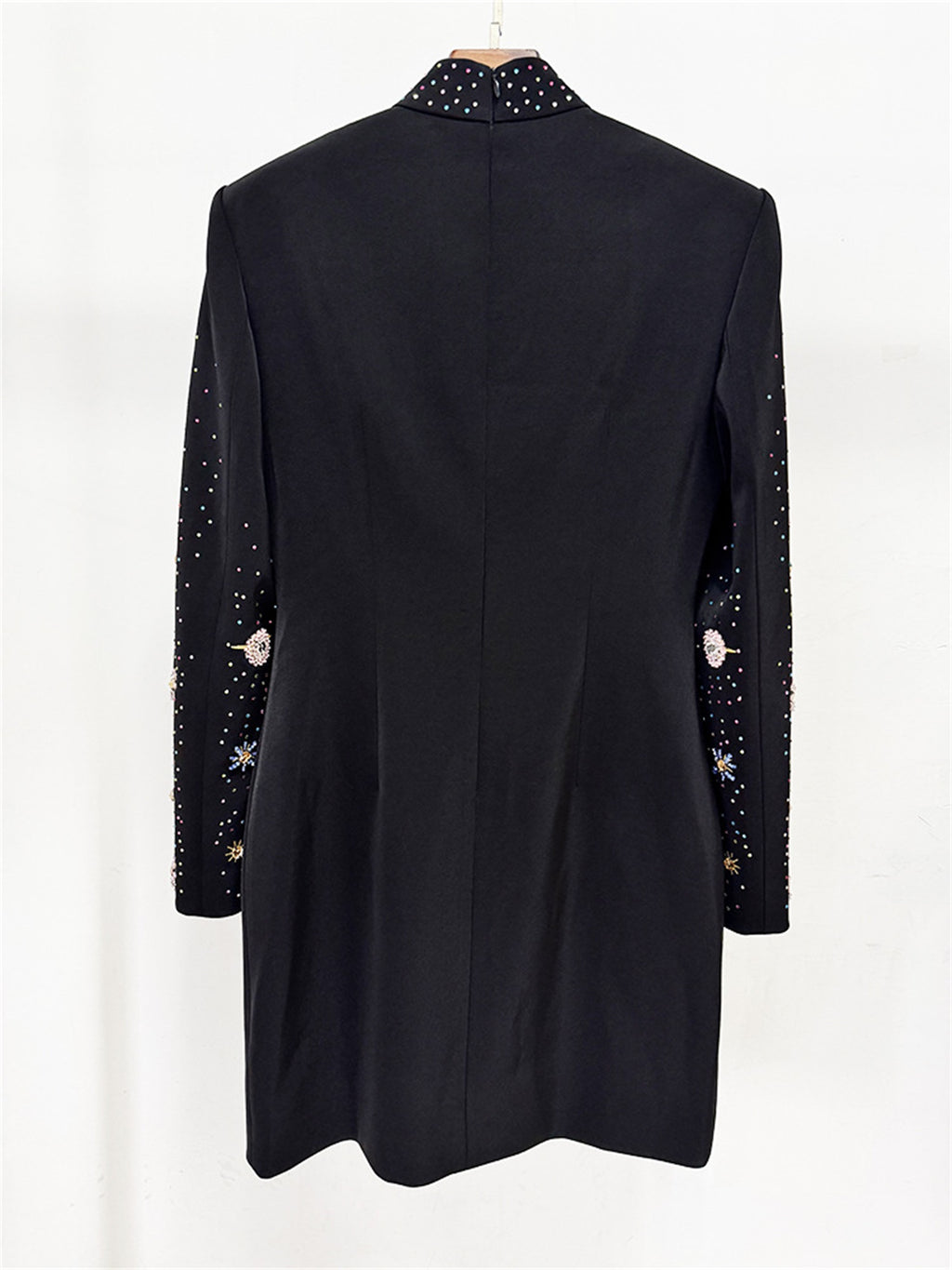 Platlogy Black Stand Collar Long Sleeve Mini Dress Heavy Star Rhinestone Embellished Elegant Party Cocktail Dress