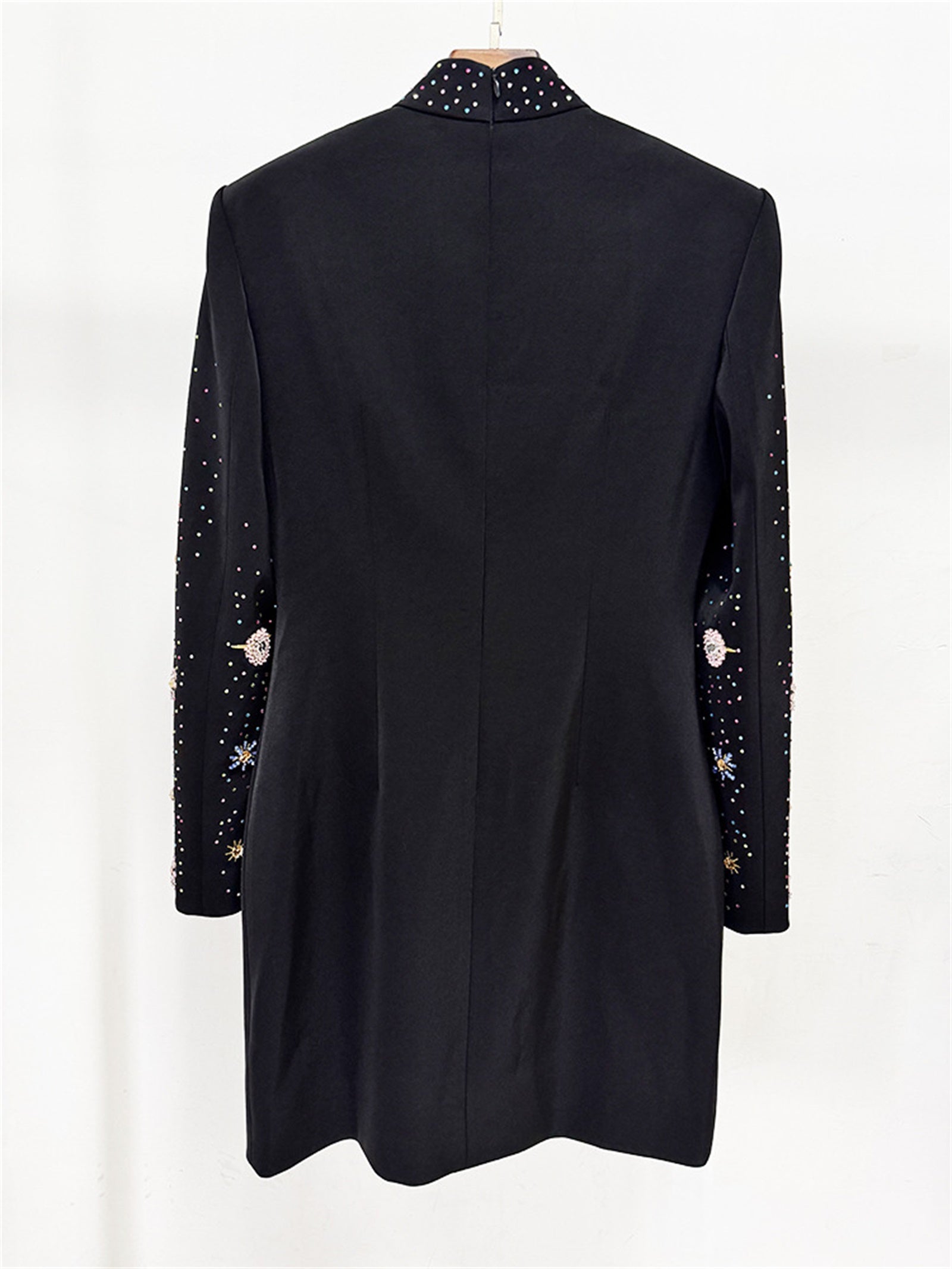 Platlogy Black Stand Collar Long Sleeve Mini Dress Heavy Star Rhinestone Embellished Elegant Party Cocktail Dress