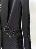 Platlogy Elegant Rhinestone Cutout Back Blazer Sheer Mesh Wide Leg Pants Formal Two Piece Women Suit