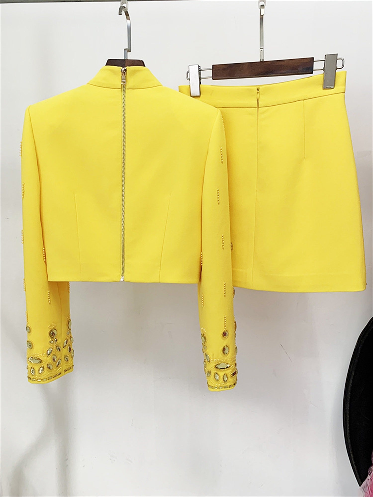 Womens Embellished 2 Piece Blazer Skirt Set High Neck Long Sleeve Formal Party Outfit