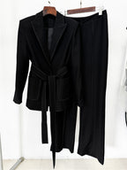 Women Elegant Two Piece Suit Set with Notched Lapel and Waist Tie