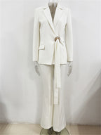 Platlogy Elegant Belt Buckle Blazer And Flared Trouser Two Piece Women Formal Suit Set For Office Business Events