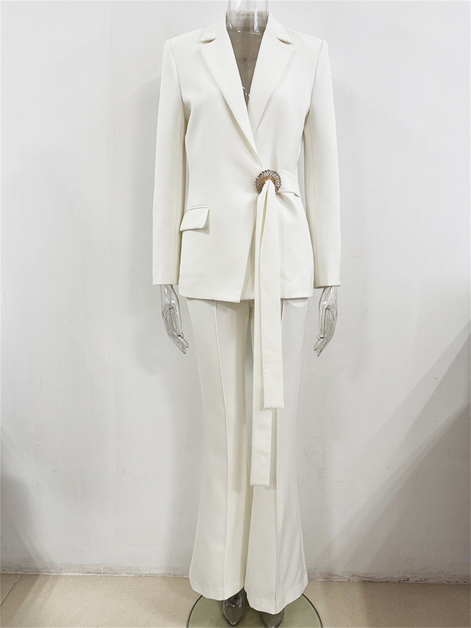 Platlogy Elegant Belt Buckle Blazer And Flared Trouser Two Piece Women Formal Suit Set For Office Business Events