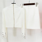 Womens Embellished 2 Piece Blazer Skirt Set High Neck Long Sleeve Formal Party Outfit