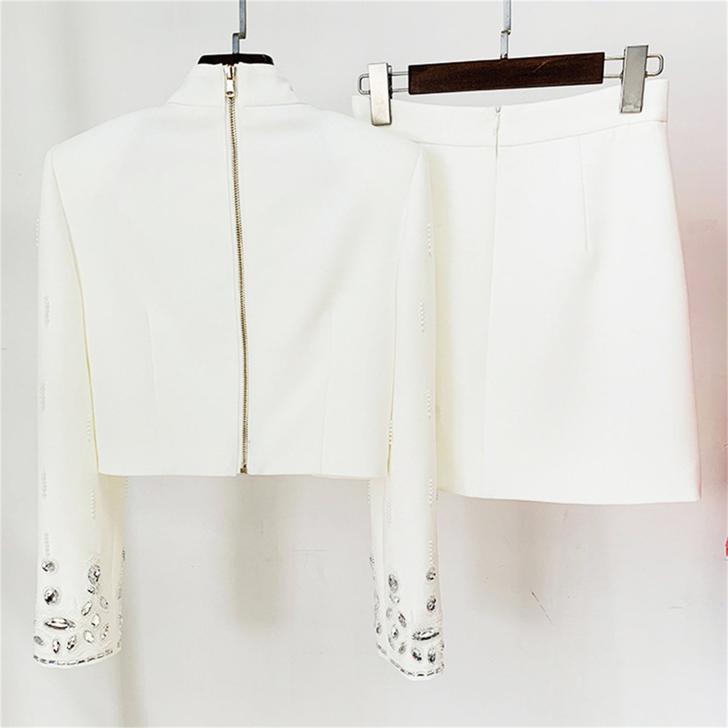 Womens Embellished 2 Piece Blazer Skirt Set High Neck Long Sleeve Formal Party Outfit
