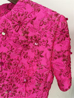Platlogy Hot Pink Floral Beaded Short Sleeve Mini Dress Elegant Party Cocktail Dress For Women