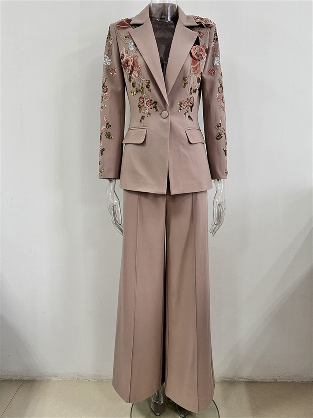 Platlogy Elegant Floral Embroidery Blazer Pant Set Women Formal Business Two Piece Suit For Wedding Party Office Wear