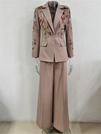 Platlogy Elegant Floral Embroidery Blazer Pant Set Women Formal Business Two Piece Suit For Wedding Party Office Wear