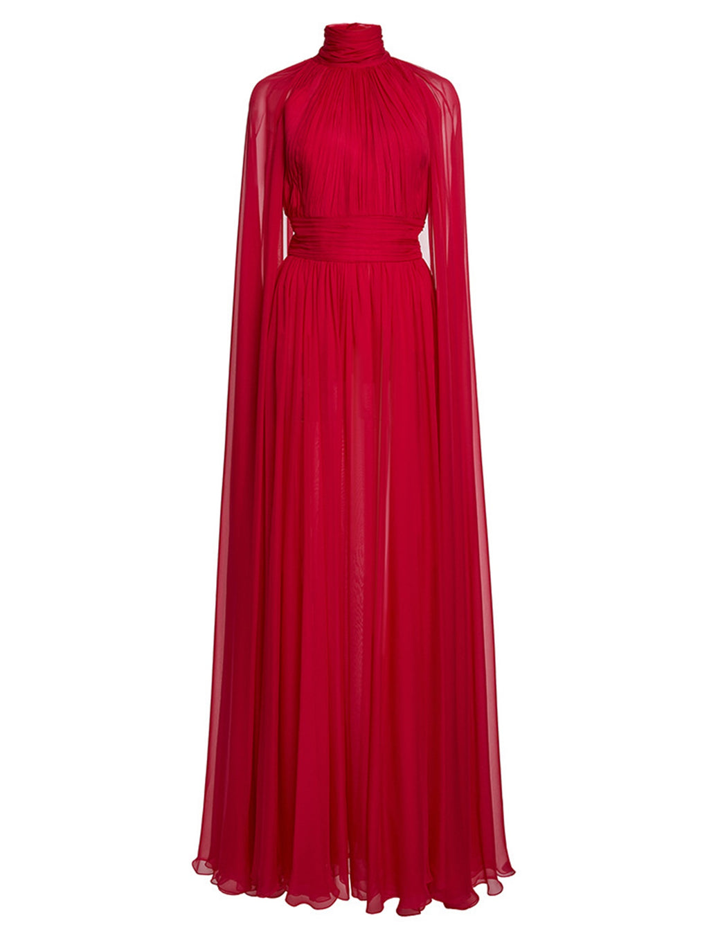Platlogy Red High Neck Cape Sleeve Chiffon Maxi Evening Dress Elegant Formal Party Gown