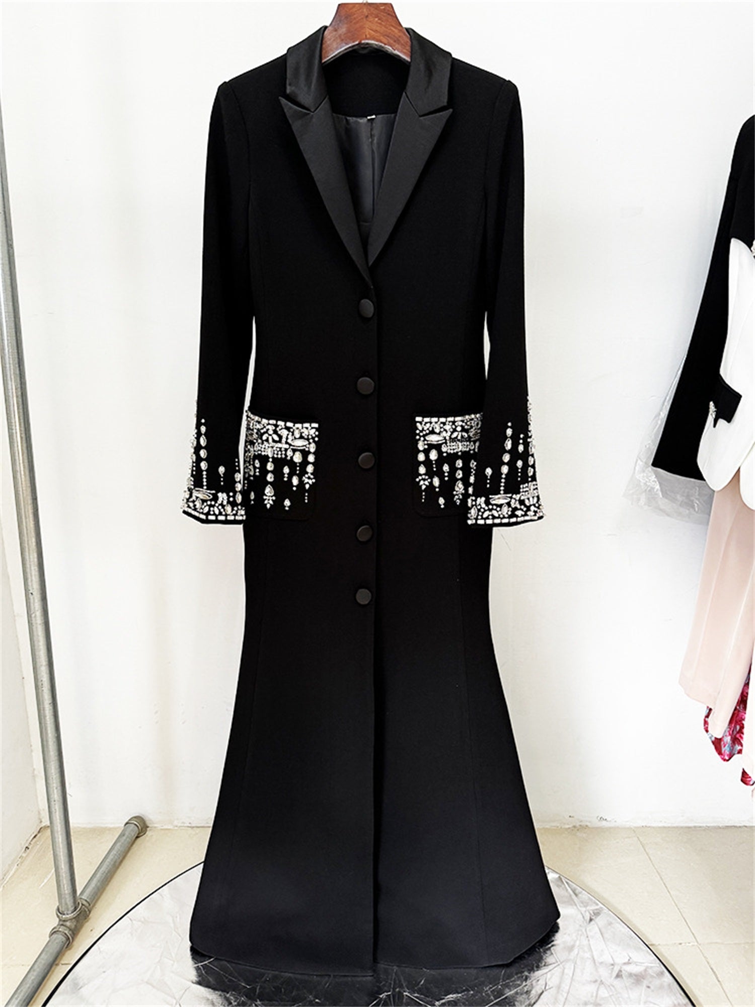 Embellished Cuff Maxi Blazer Dress Button Front Evening Party Dress