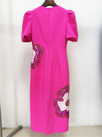 Platlogy Fuchsia Puff Sleeve Midi Dress Hand Beaded Floral Bodycon Formal Party Dress For Women