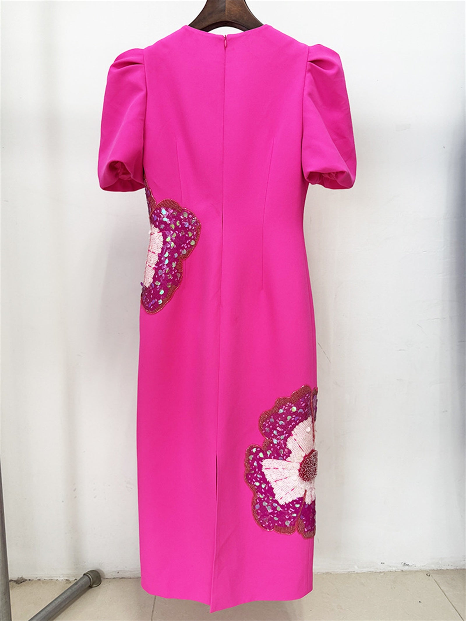 Platlogy Fuchsia Puff Sleeve Midi Dress Hand Beaded Floral Bodycon Formal Party Dress For Women