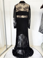 Platlogy Black Lace Patchwork Maxi Dress Bow Collar Long Sleeve Pleated Formal Evening Party Long Dresses