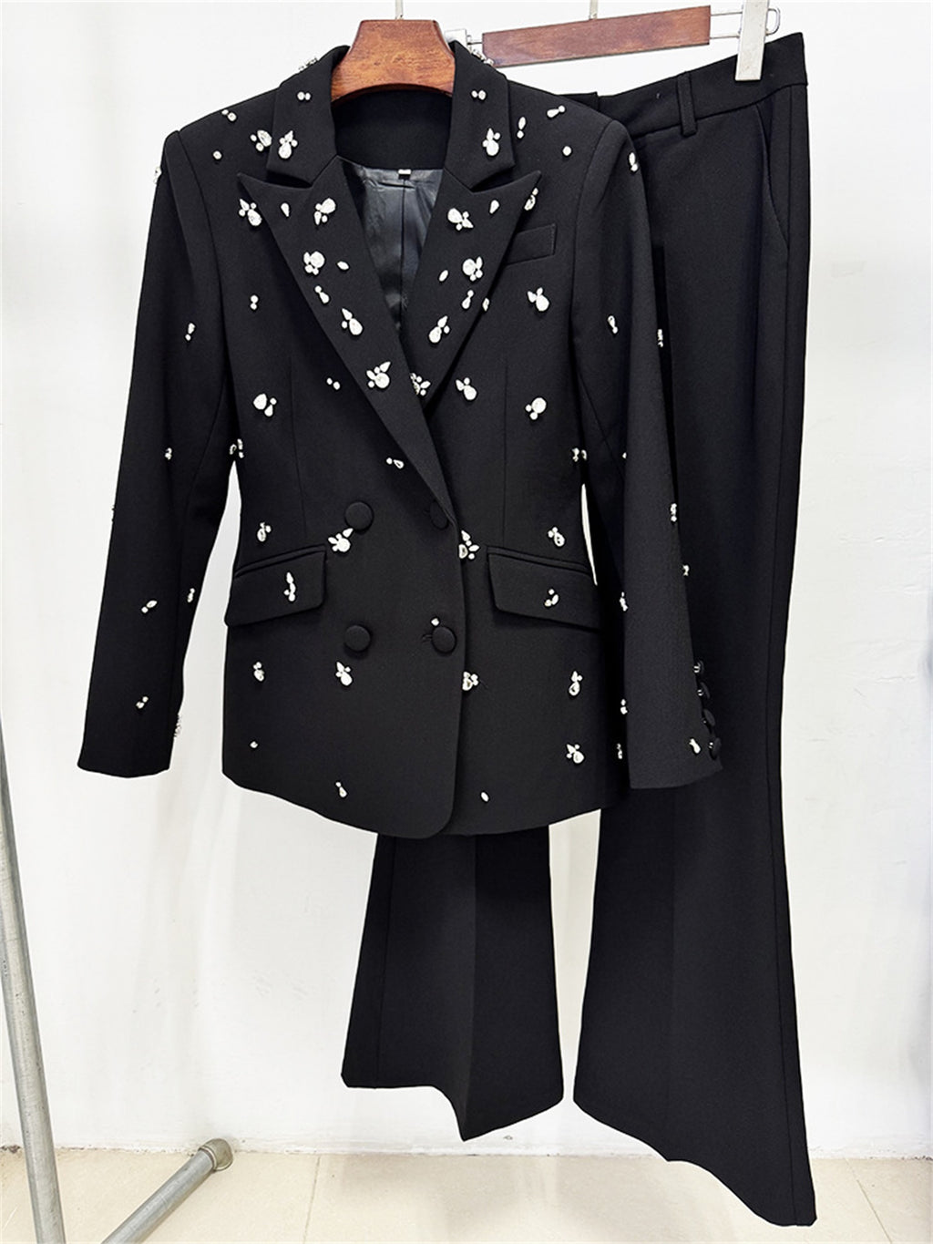 Platlogy Women Elegant Rhinestone Embellished Blazer and Flared Pants Formal Two Piece Suit