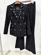Platlogy Women Elegant Rhinestone Embellished Blazer and Flared Pants Formal Two Piece Suit