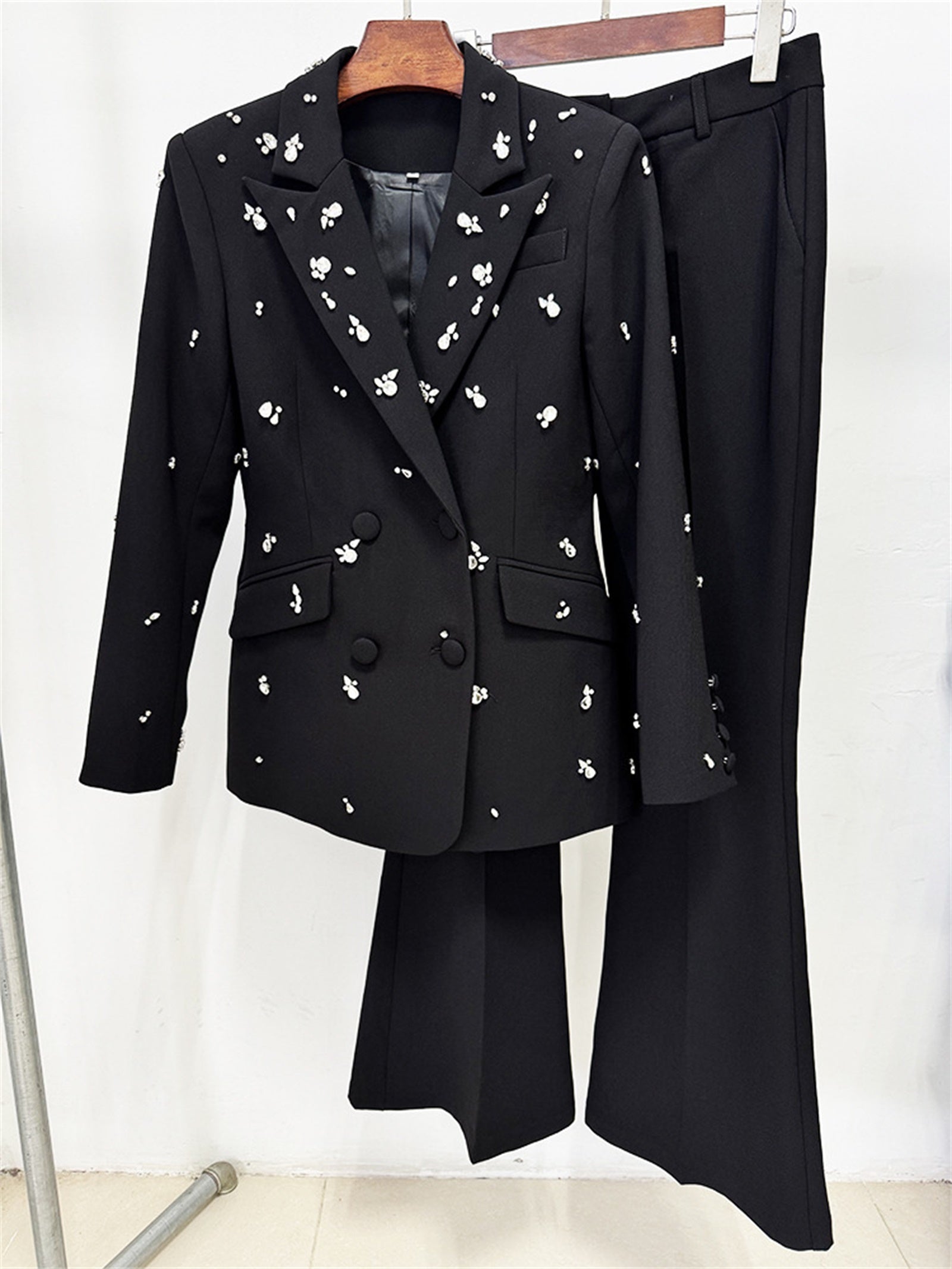 Platlogy Women Elegant Rhinestone Embellished Blazer and Flared Pants Formal Two Piece Suit