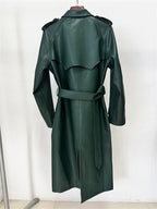 Platlogy Emerald Green Double Breasted Belted Long Leather Trench Coat For Women Elegant Fall Winter Outerwear