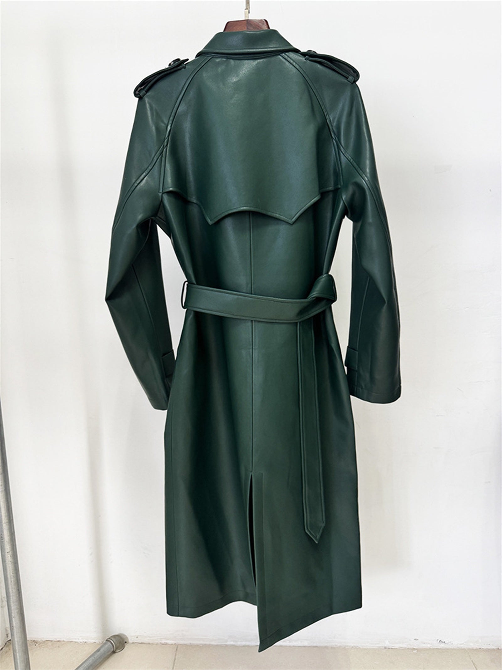 Platlogy Emerald Green Double Breasted Belted Long Leather Trench Coat For Women Elegant Fall Winter Outerwear