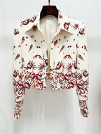 Platlogy Vintage Marine Print Three Piece Women Suit Cropped Blazer Cami Top Wide Leg Pants Elegant Casual Outfit Set