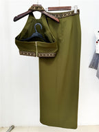 Platlogy Olive Green Handmade Beaded Halter Crop Top Split Long Skirt Two Piece Formal Party Set