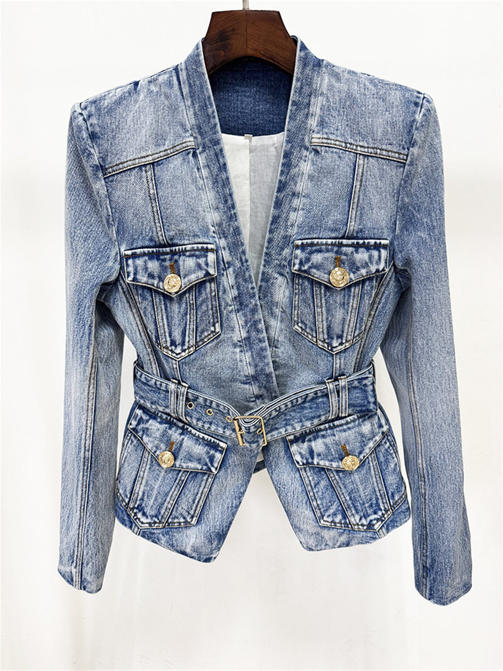 Platlogy V Neck Belted Waist Denim Blazer Women Long Sleeve Pockets Casual Chic Slim Fit Denim Jacket