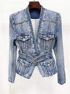 Platlogy V Neck Belted Waist Denim Blazer Women Long Sleeve Pockets Casual Chic Slim Fit Denim Jacket
