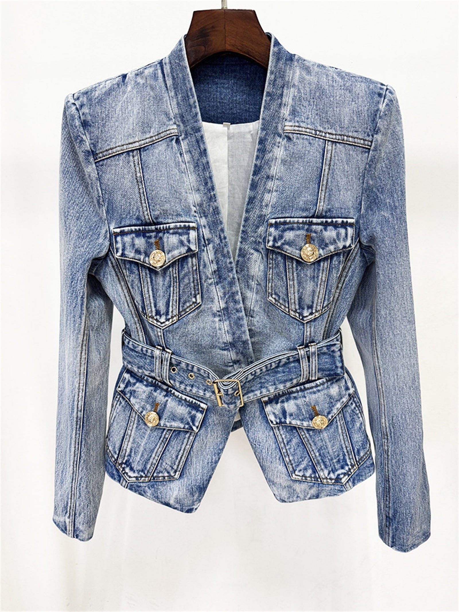 Platlogy V Neck Belted Waist Denim Blazer Women Long Sleeve Pockets Casual Chic Slim Fit Denim Jacket