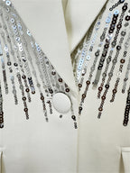 Sparkly Beaded Tuxedo Blazer Straight Leg Pants Suit For Party