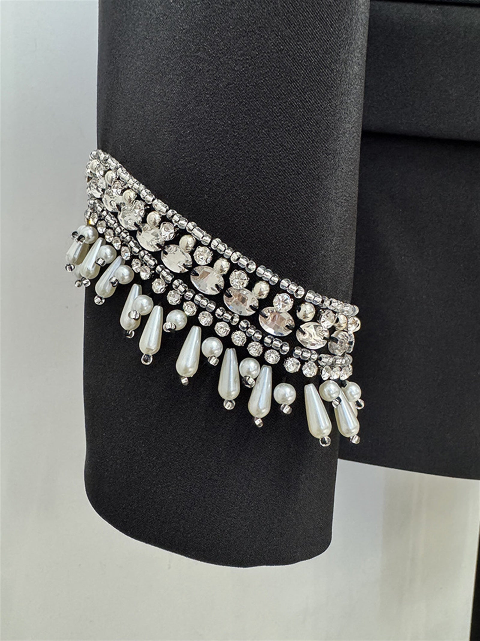Platlogy Elegant Rhinestone Stand Collar Women Suit Formal Tailored Blazer And Wide Leg Pants Two Piece Outfit For Work Party