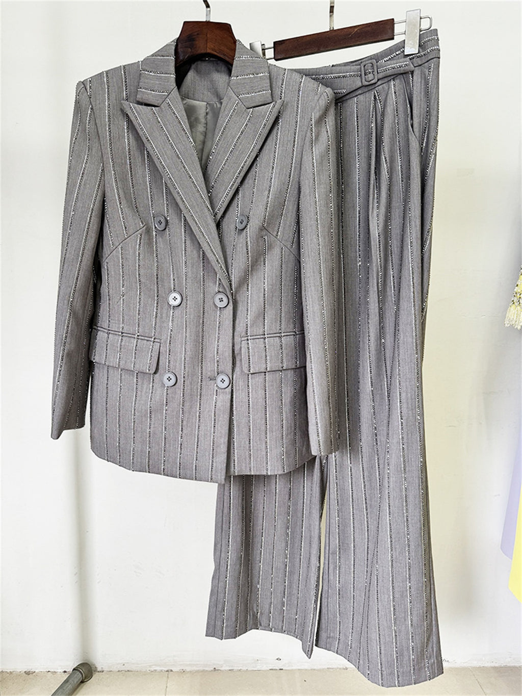 Platlogy Grey Rhinestone Stripe Double Breasted Blazer Pants Set Elegant Women Business Two Piece Suit for Work Party Daily Wear