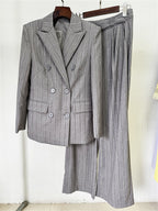 Platlogy Grey Rhinestone Stripe Double Breasted Blazer Pants Set Elegant Women Business Two Piece Suit for Work Party Daily Wear