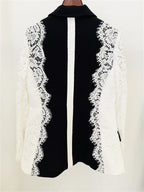 Platlogy Women Elegant Lace Patchwork Blazer Suit Slim Fit Formal Business Party Two Piece Outfit
