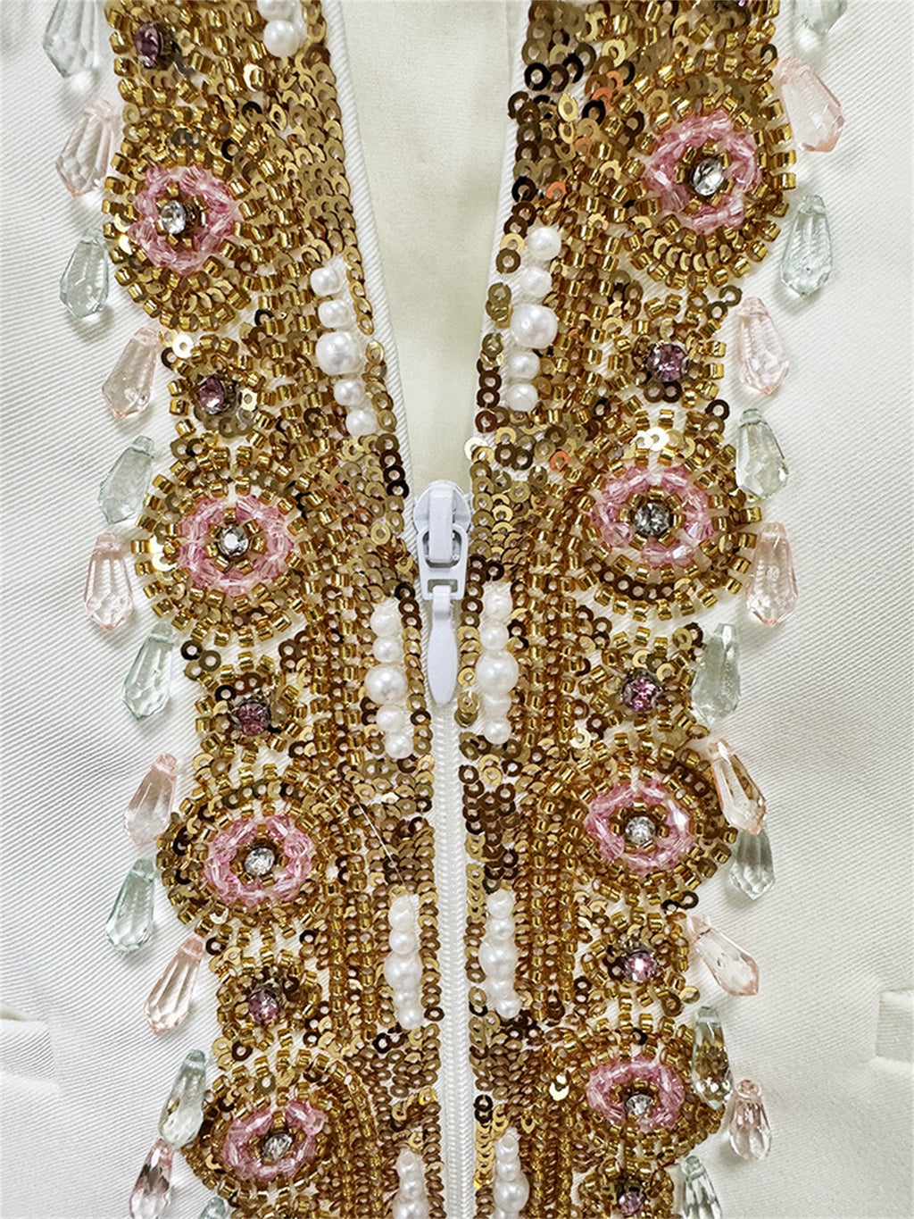 Platlogy Luxury Gold Beaded White Two Piece Women Suit Elegant Formal Blazer And Trouser Set For Business Wedding Party