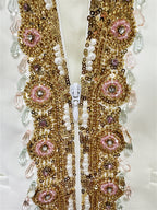 Platlogy Luxury Gold Beaded White Two Piece Women Suit Elegant Formal Blazer And Trouser Set For Business Wedding Party