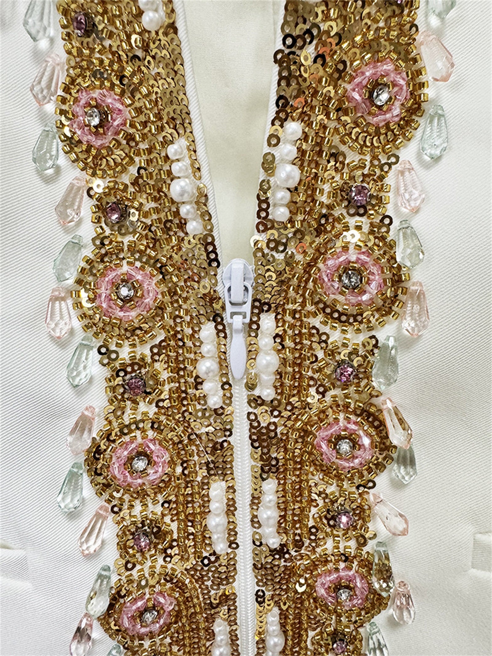 Platlogy Luxury Gold Beaded White Two Piece Women Suit Elegant Formal Blazer And Trouser Set For Business Wedding Party