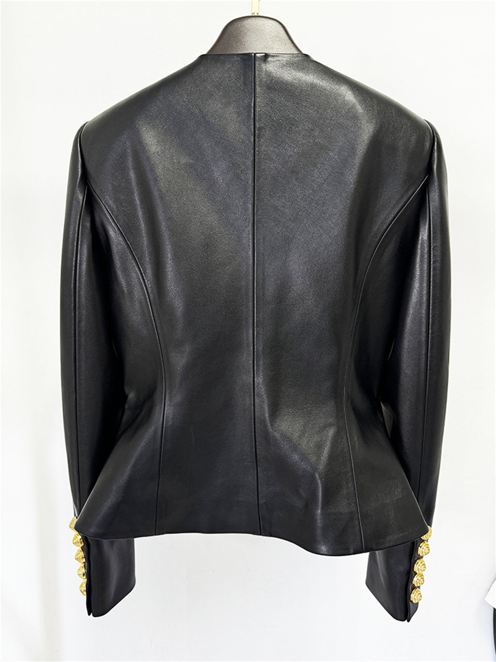 Platlogy Women Round Neck Gold Button Slim Faux Leather Cropped Jacket Elegant Formal Daily Outerwear