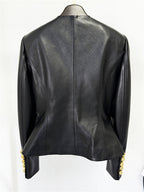 Platlogy Women Round Neck Gold Button Slim Faux Leather Cropped Jacket Elegant Formal Daily Outerwear