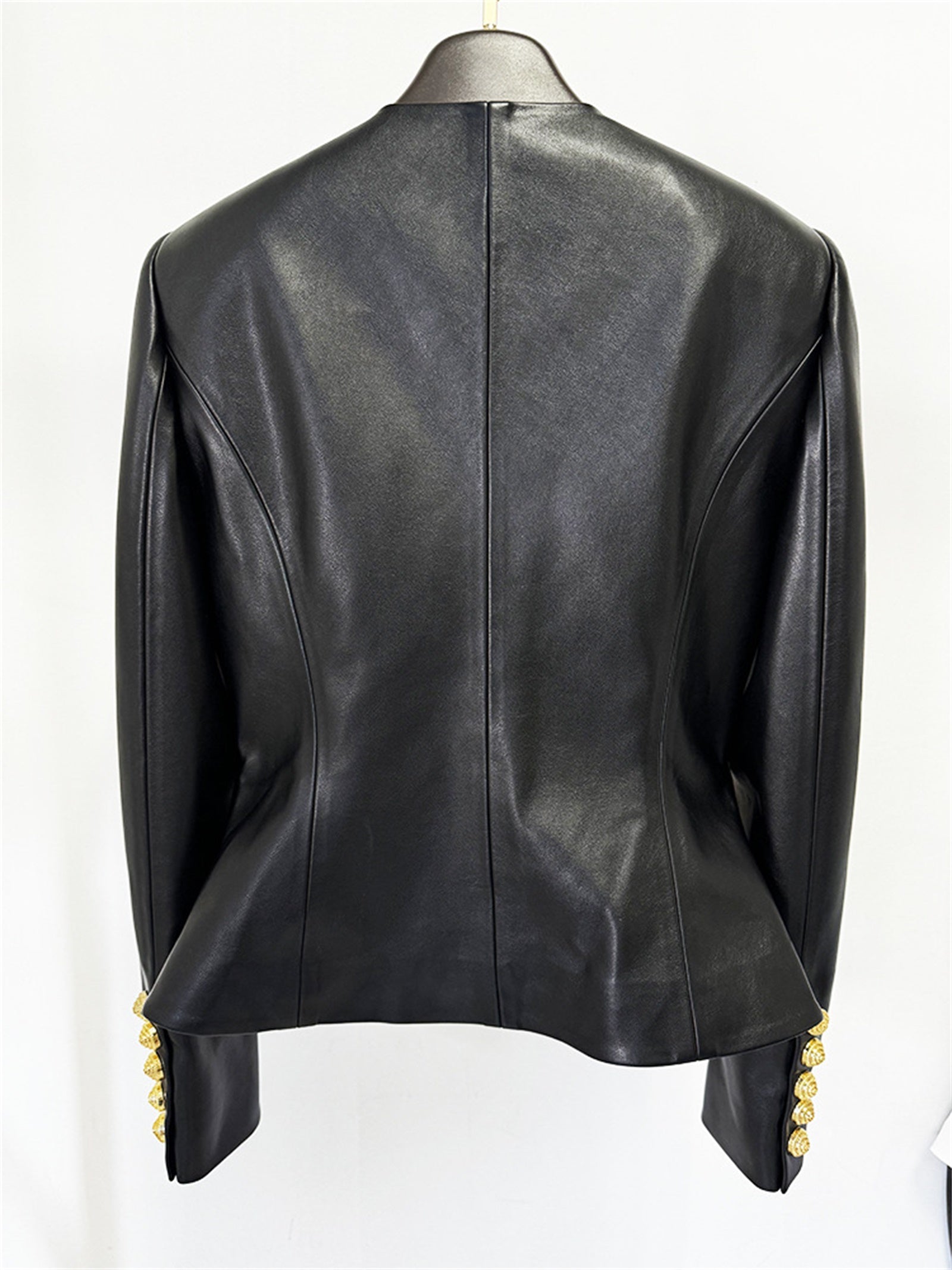 Platlogy Women Round Neck Gold Button Slim Faux Leather Cropped Jacket Elegant Formal Daily Outerwear