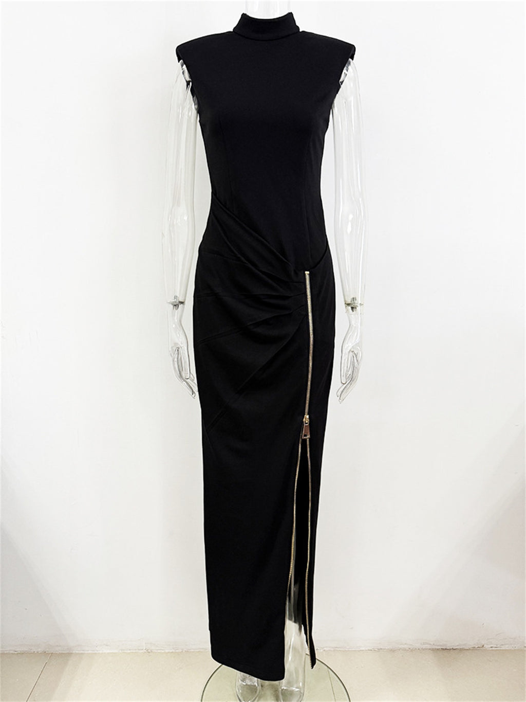 Platlogy Red Sleeveless Mock Neck Maxi Dress With Side Zipper Ruched Bodycon Party Long Dress