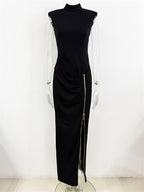 Platlogy Red Sleeveless Mock Neck Maxi Dress With Side Zipper Ruched Bodycon Party Long Dress
