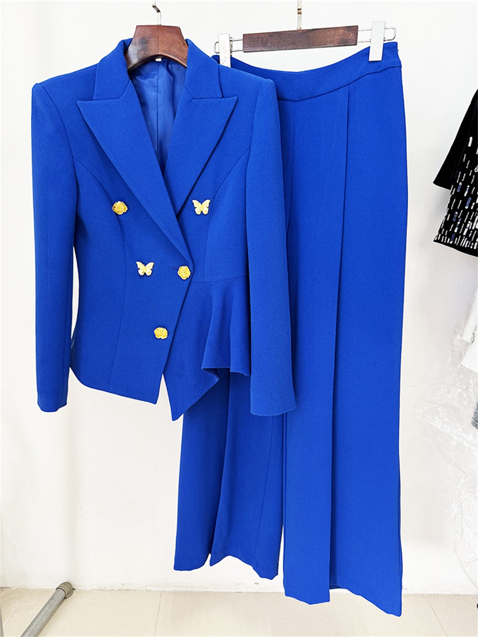 Platlogy Bright Blue Butterfly Button Blazer Wide Leg Pants Two Piece Business Suit Set For Women