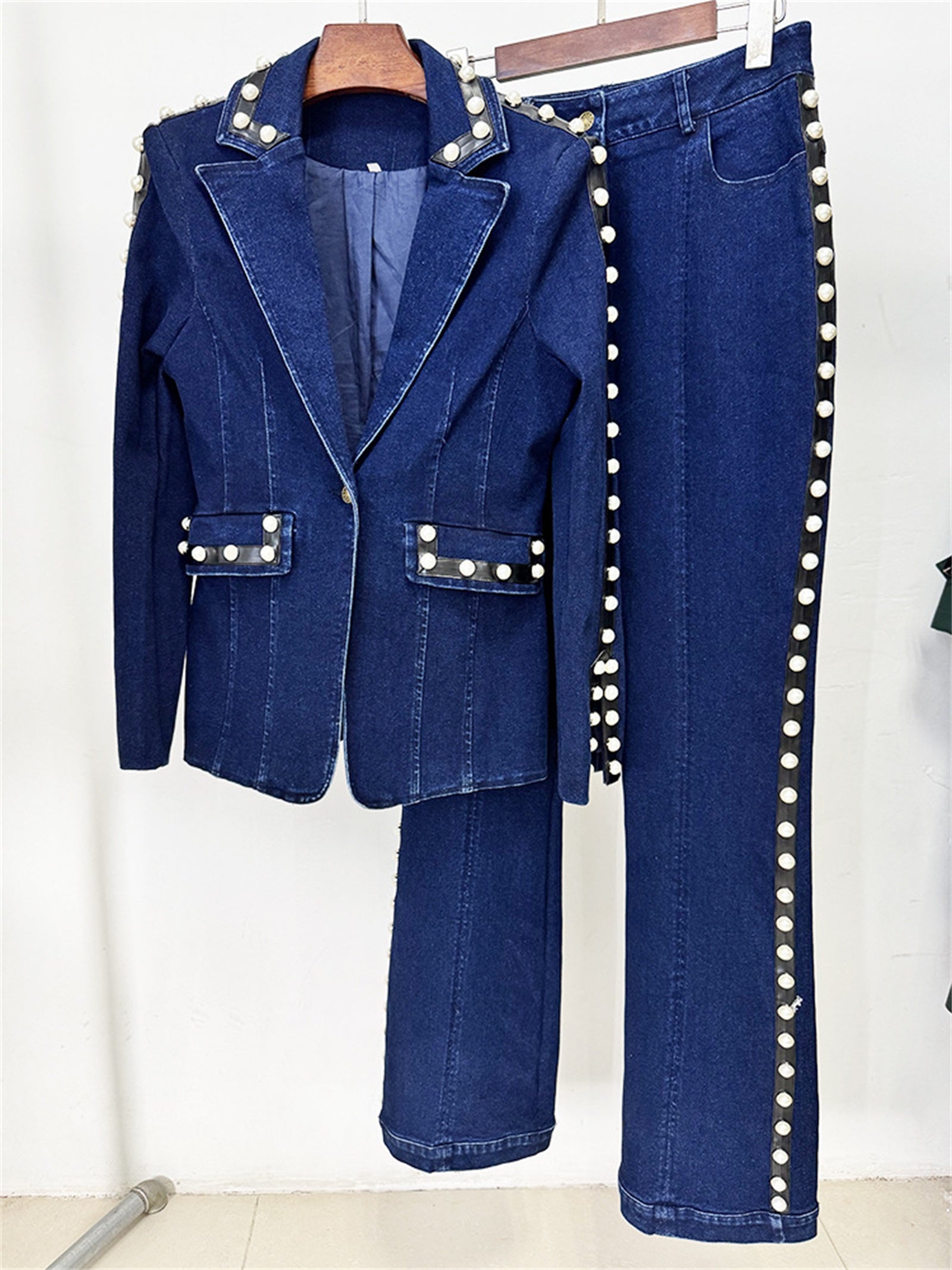 Platlogy Women Pearl Embellished Denim Blazer And Straight Pants Two Piece Suit Formal Casual Matching Outfit