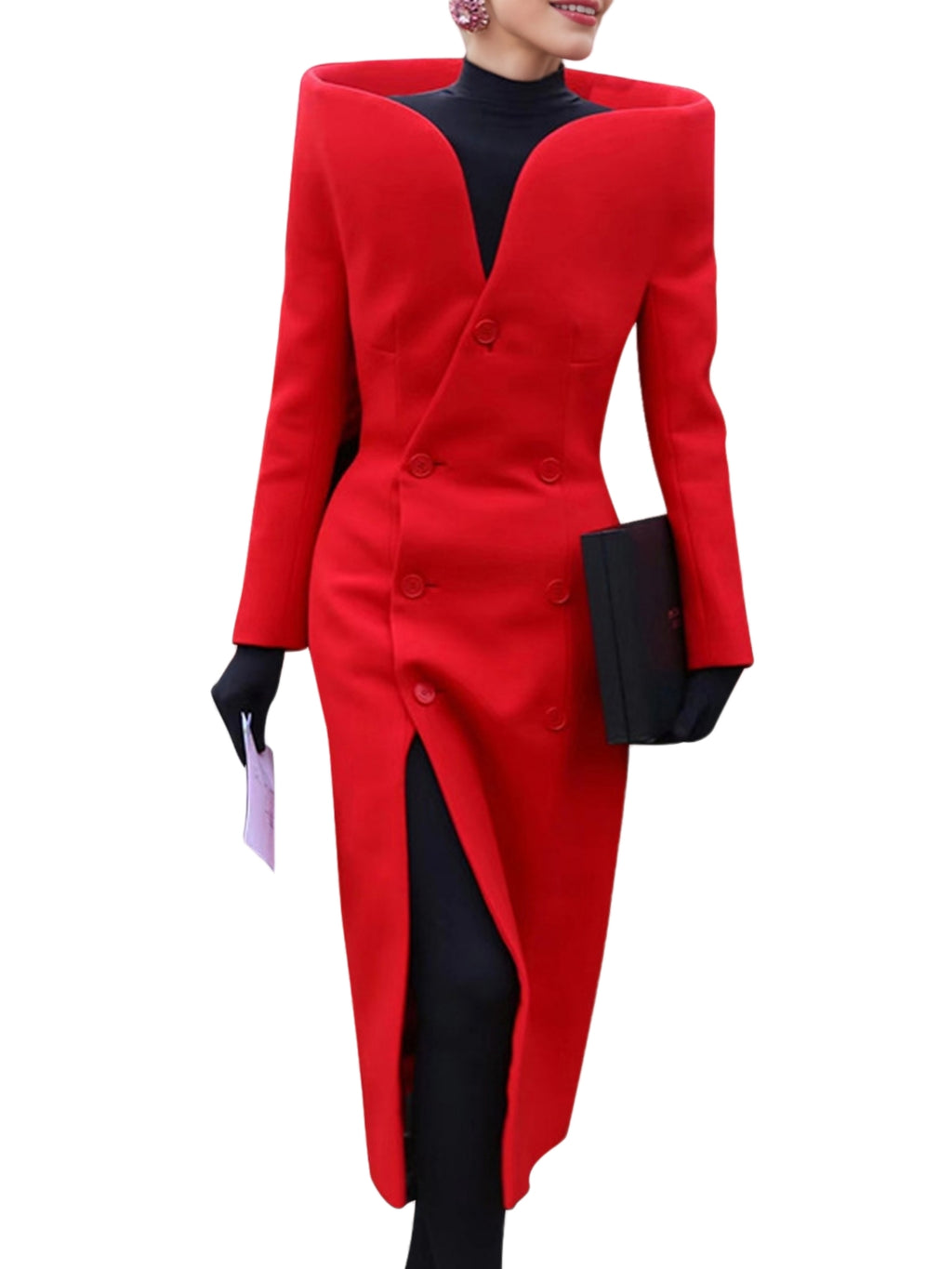Platlogy Women's Fashion Designer Stand Collar Long Trench Overcoat Windbreaker