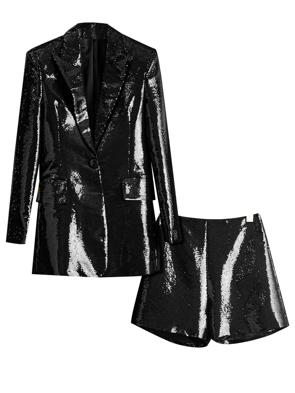 Platlogy Women Sequin Blazer and Short Set 2 PC Slim Fit Notch Lapel Prom Party Glitter Suit