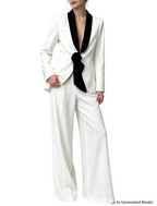Platlogy Elegant Floral Decor Lapel Blazer Wide Leg Pant Two Piece Women Suit Set
